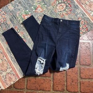 Cello dark wash factory distressed high rise skinny denim jeans